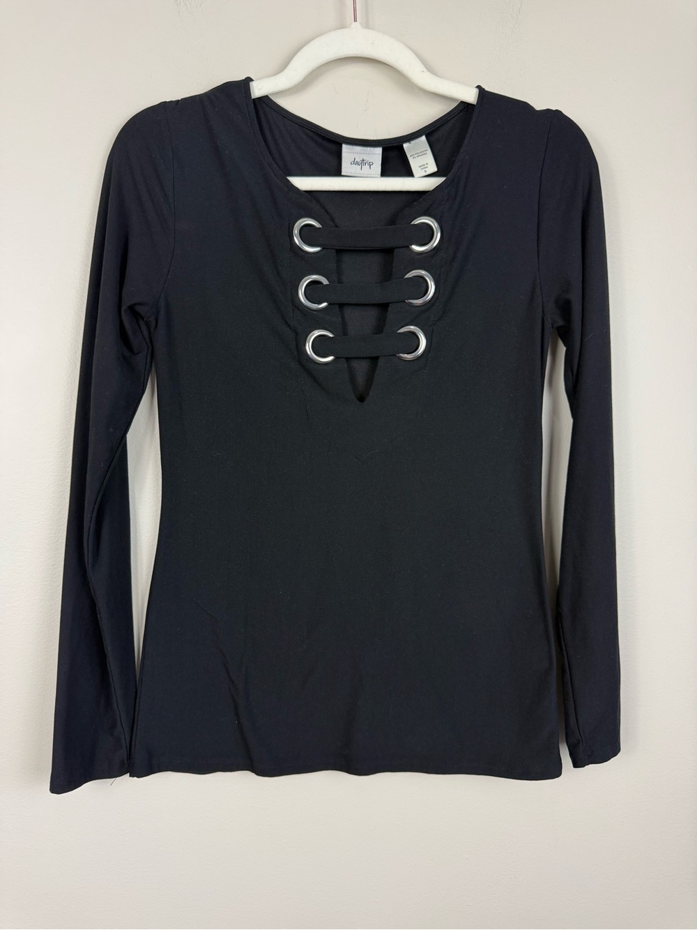 Daytrip Top Womens Small Gothic Grunge Metal Lace Up Long Sleeve V-Neck Shirt